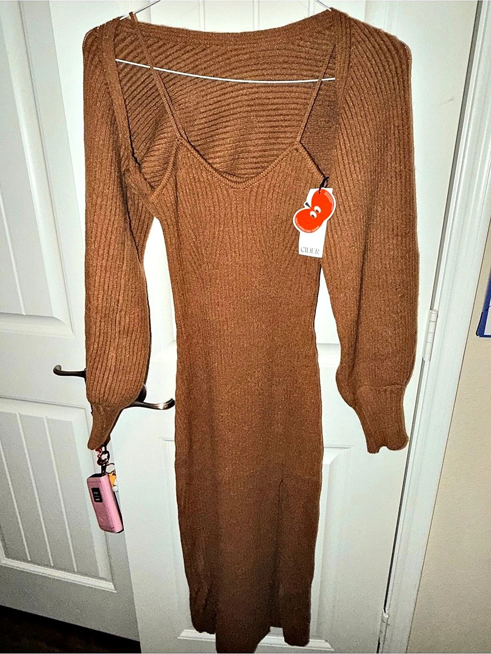 CIDER Knit Solid Cami Split Midi Dress & Shrug Brown